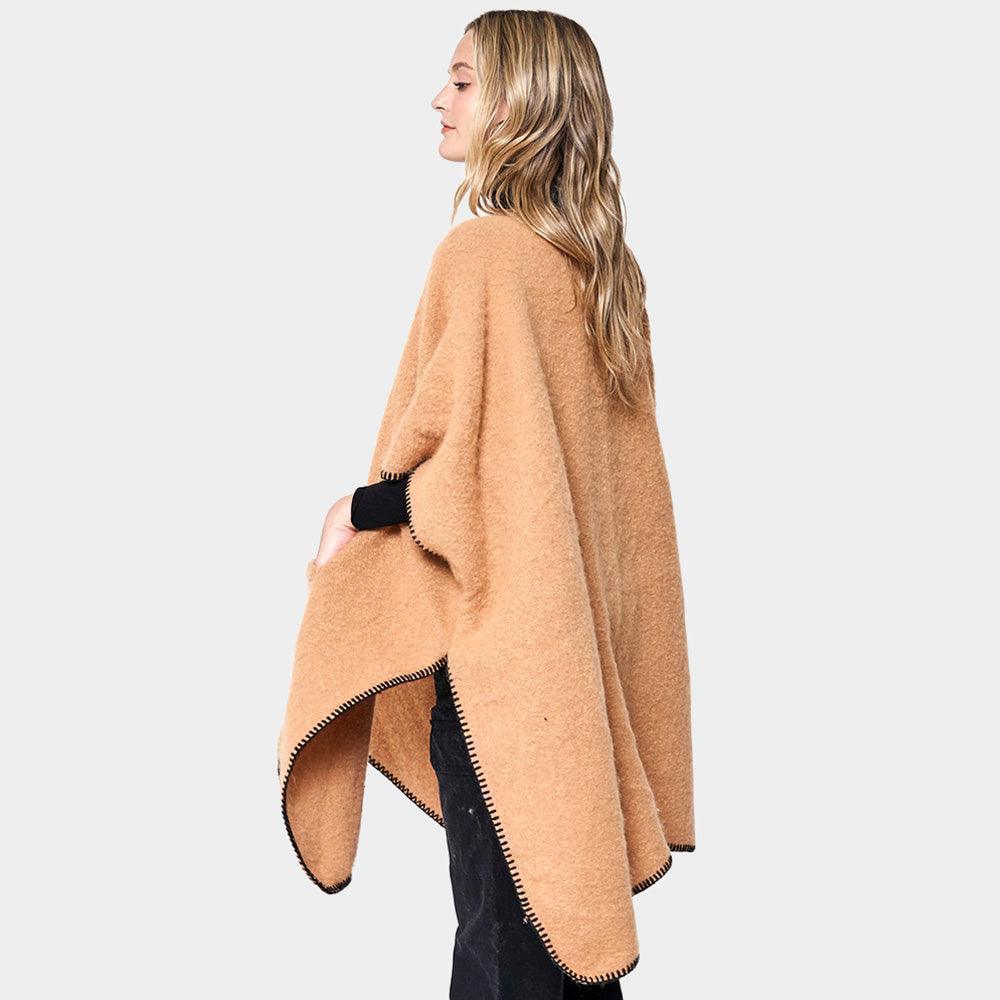 Camel Blanket Stitch Front Pockets Kimono Poncho - Jewelry Store by Erik Rayo