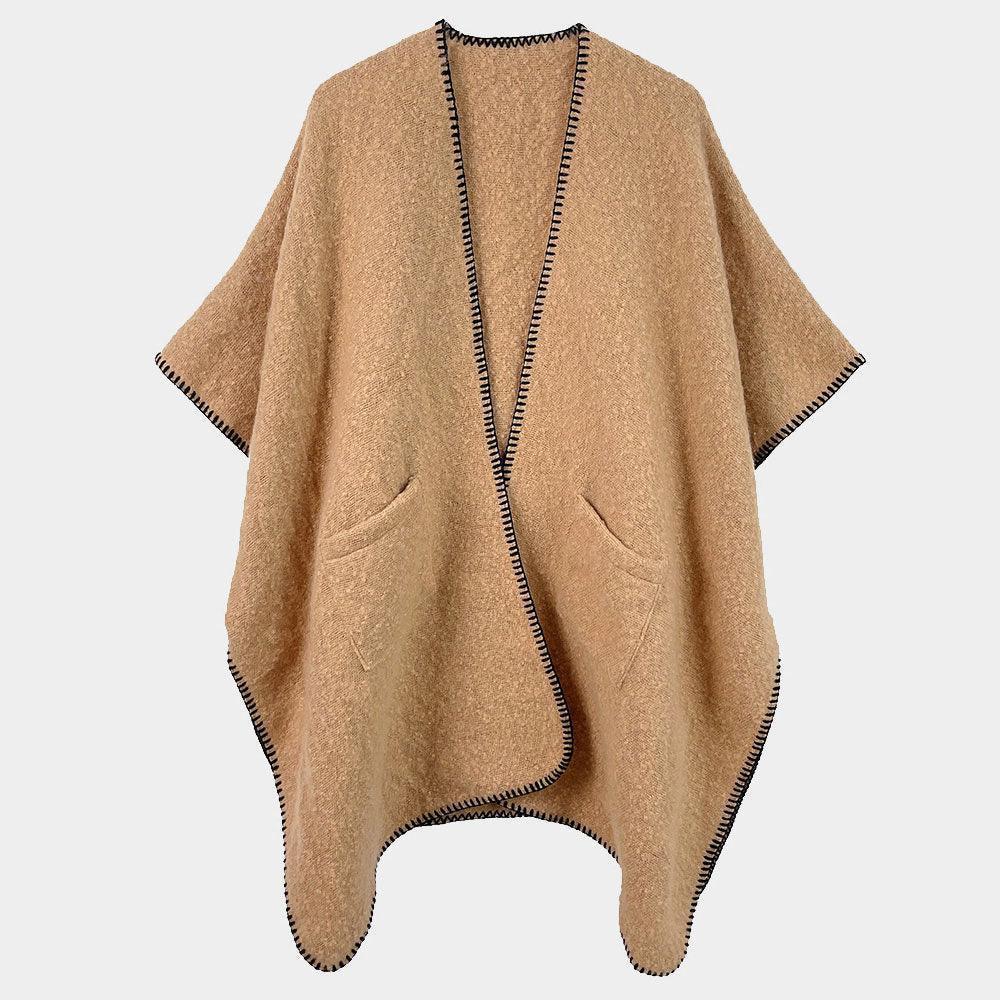 Camel Blanket Stitch Front Pockets Kimono Poncho - Jewelry Store by Erik Rayo