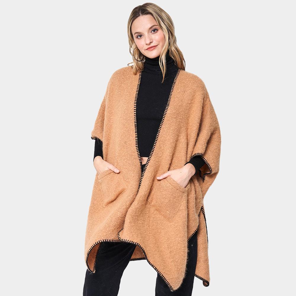Camel Blanket Stitch Front Pockets Kimono Poncho - Jewelry Store by Erik Rayo