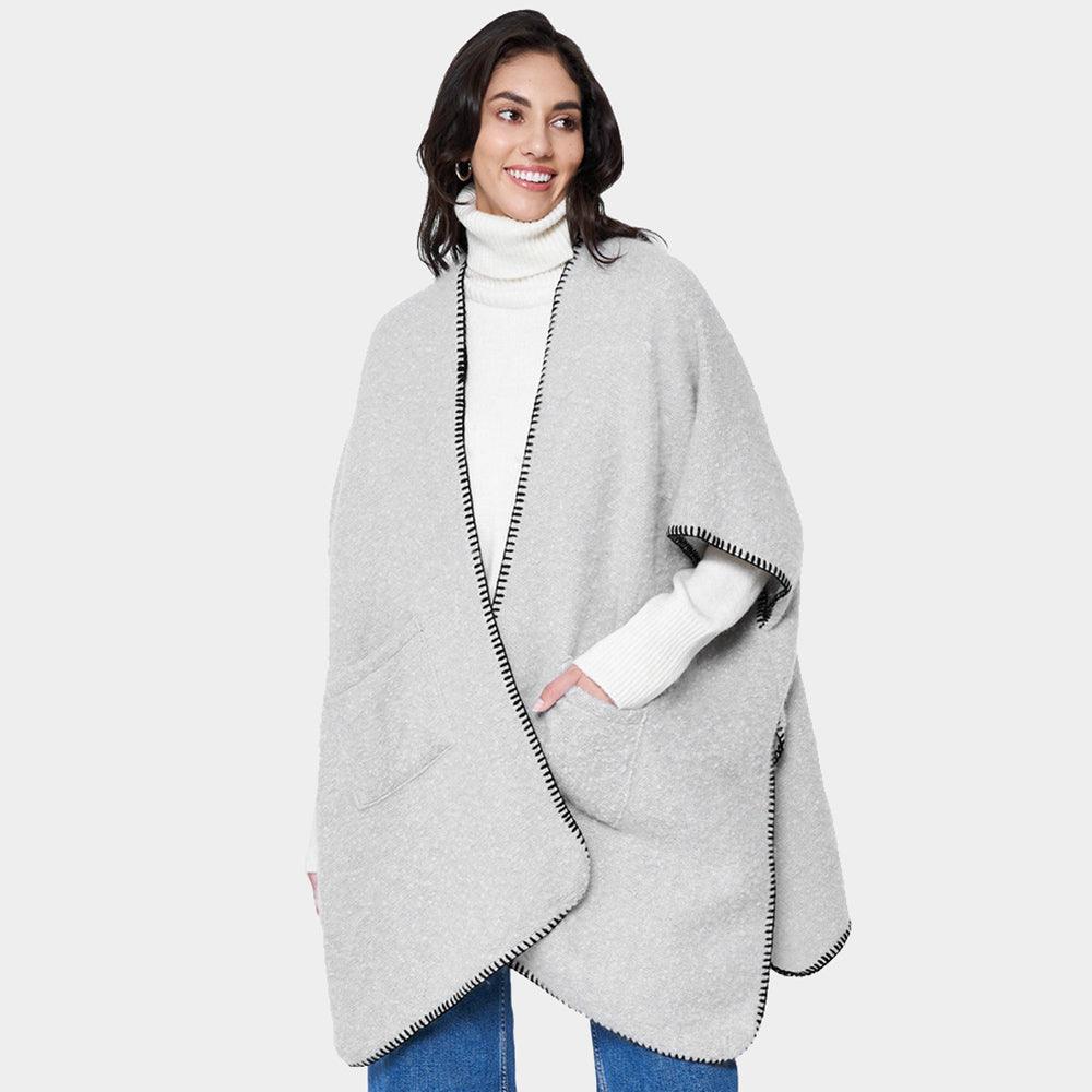 Gray Blanket Stitch Front Pockets Kimono Poncho - Jewelry Store by Erik Rayo