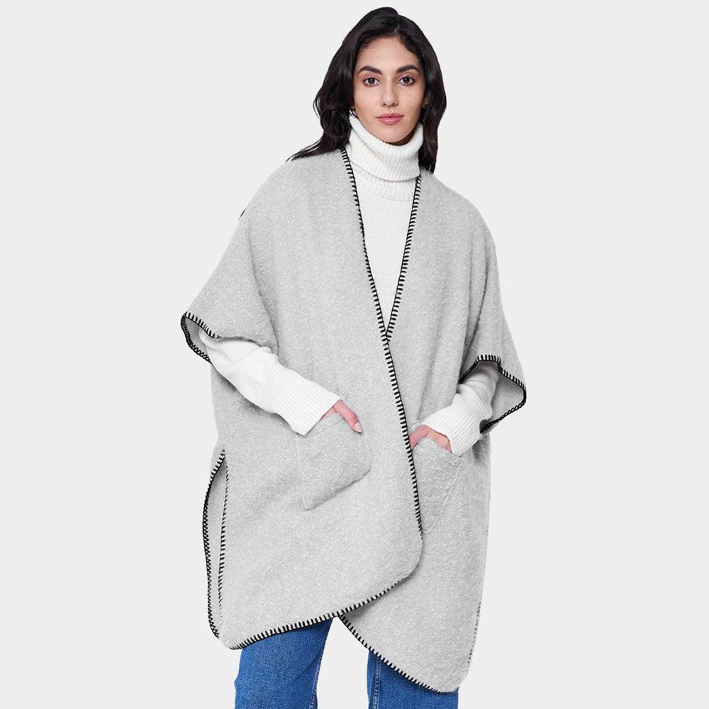 Gray Blanket Stitch Front Pockets Kimono Poncho - Jewelry Store by Erik Rayo