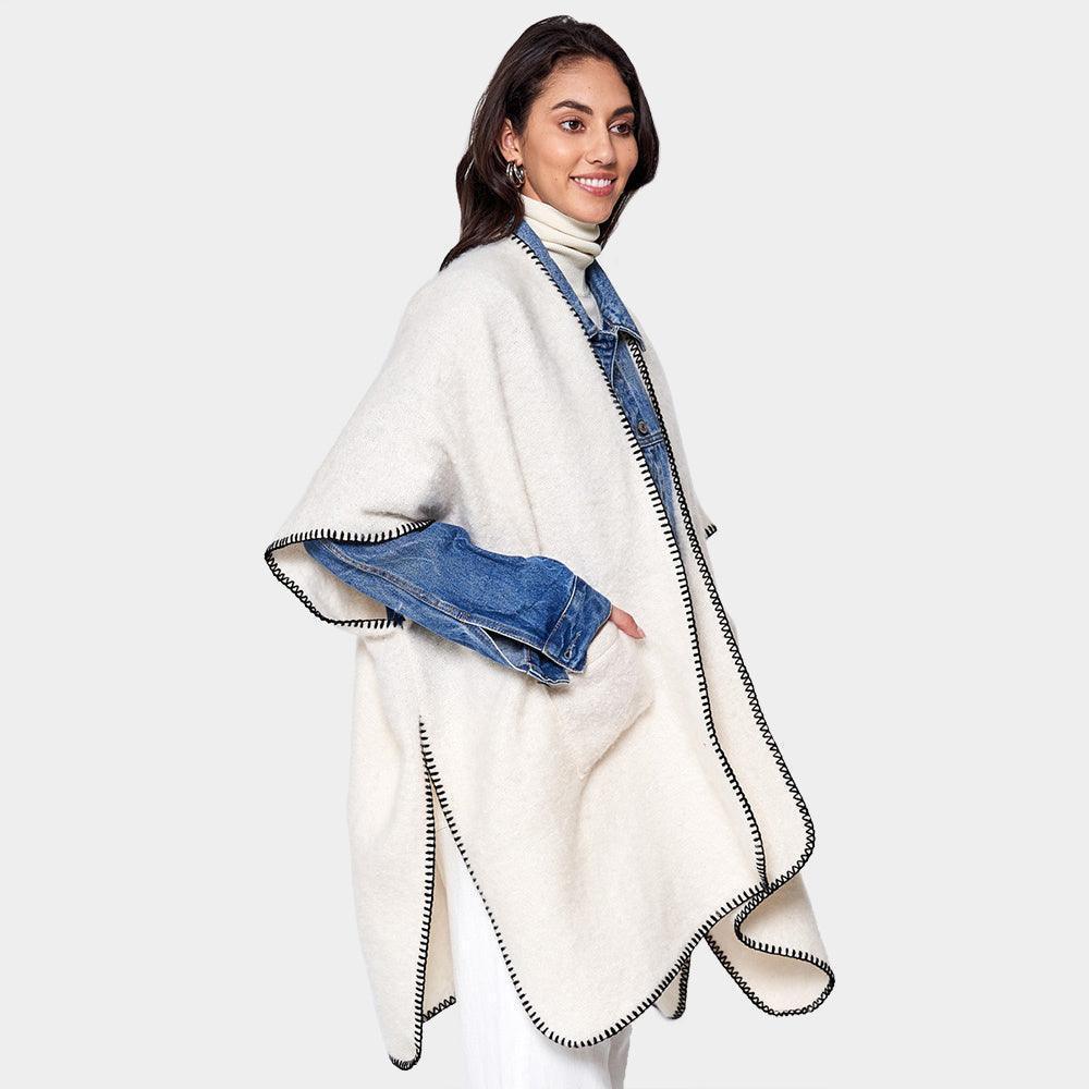 Ivory Blanket Stitch Front Pockets Kimono Poncho - Jewelry Store by Erik Rayo