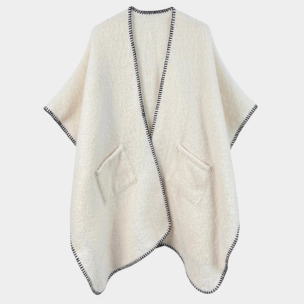 Ivory Blanket Stitch Front Pockets Kimono Poncho - Jewelry Store by Erik Rayo