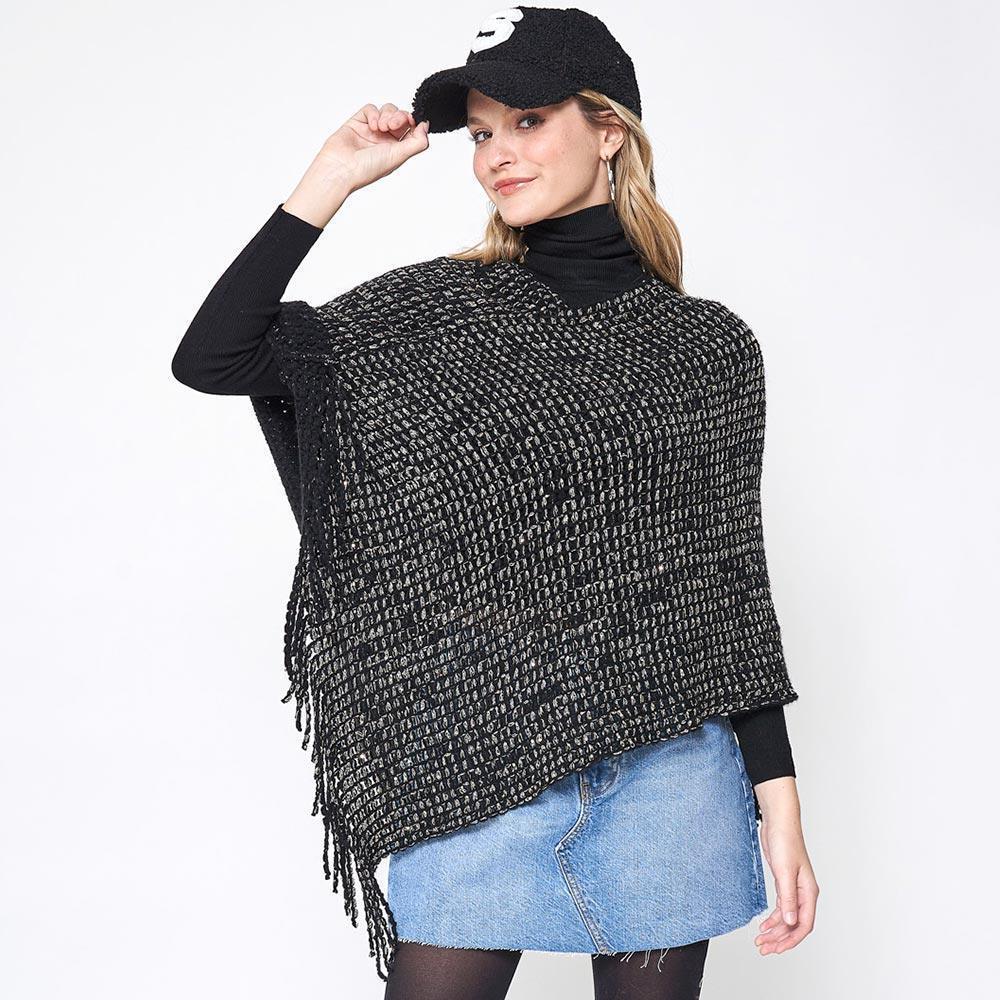 Black Fringed Solid Knit Poncho - Jewelry Store by Erik Rayo