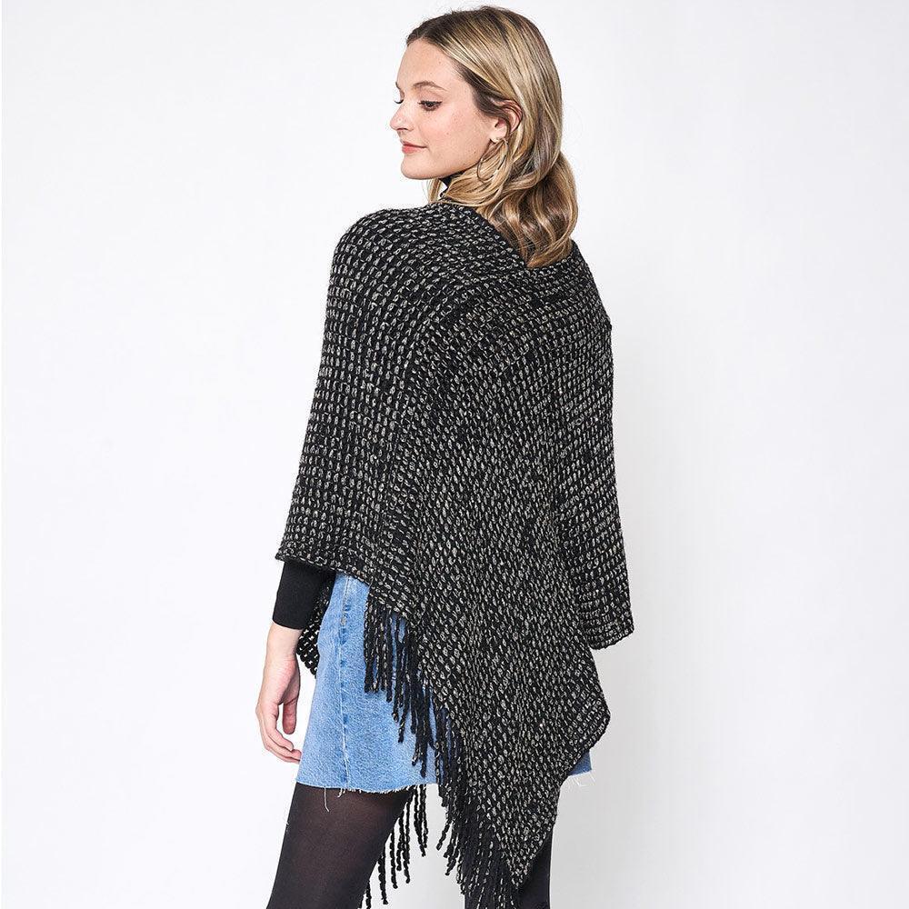 Black Fringed Solid Knit Poncho - Jewelry Store by Erik Rayo