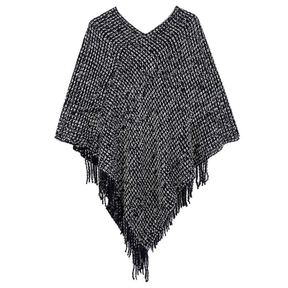 Black Fringed Solid Knit Poncho - Jewelry Store by Erik Rayo