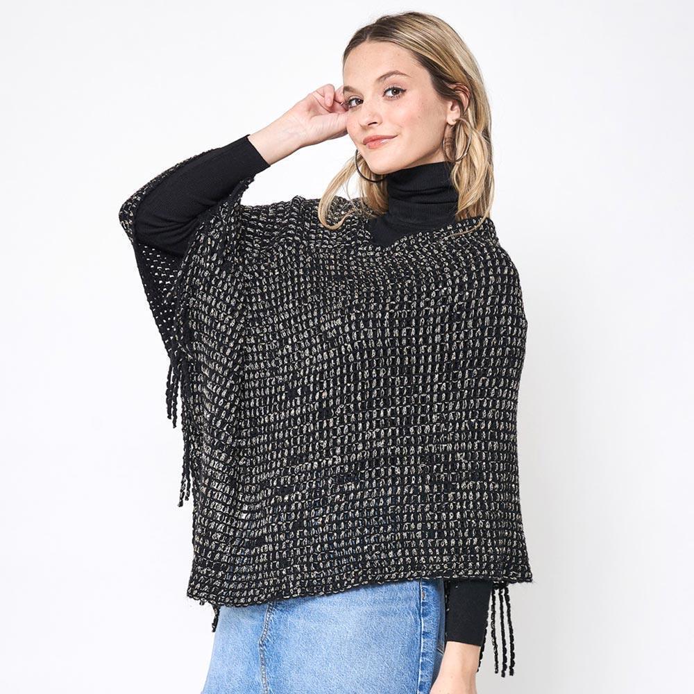 Black Fringed Solid Knit Poncho - Jewelry Store by Erik Rayo