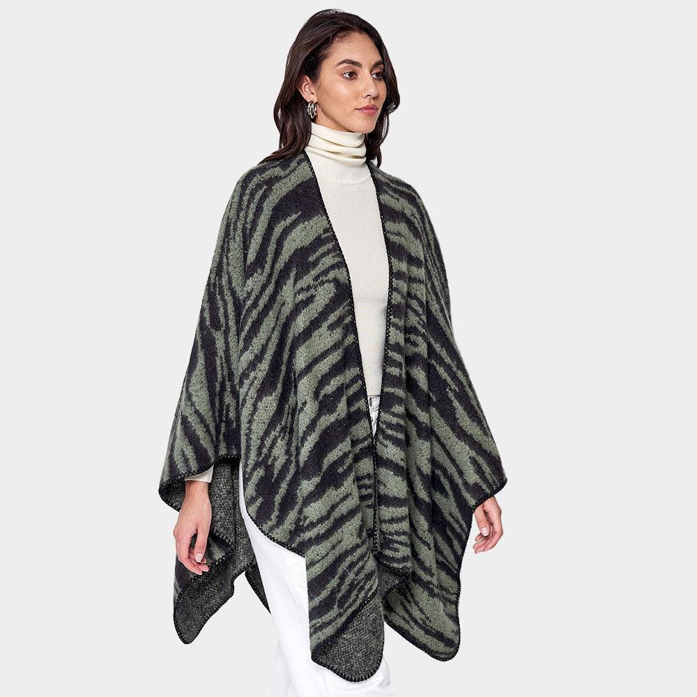 Olive Green Zebra Patterned Ruana Poncho - Jewelry Store by Erik Rayo