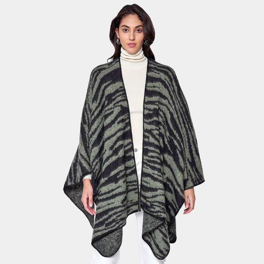 Olive Green Zebra Patterned Ruana Poncho - Jewelry Store by Erik Rayo