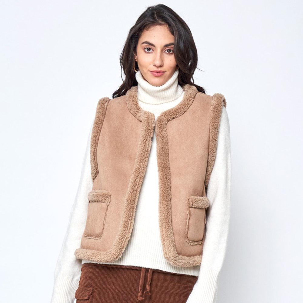 Taupe Faux Suede Sherpa Vest