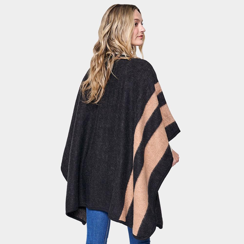 Black Striped Button Closure Cape Ruana Poncho - Jewelry Store by Erik Rayo