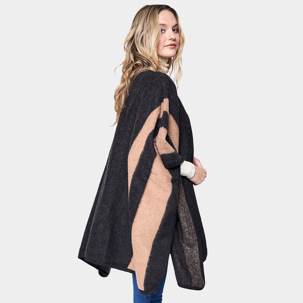 Black Striped Button Closure Cape Ruana Poncho - Jewelry Store by Erik Rayo
