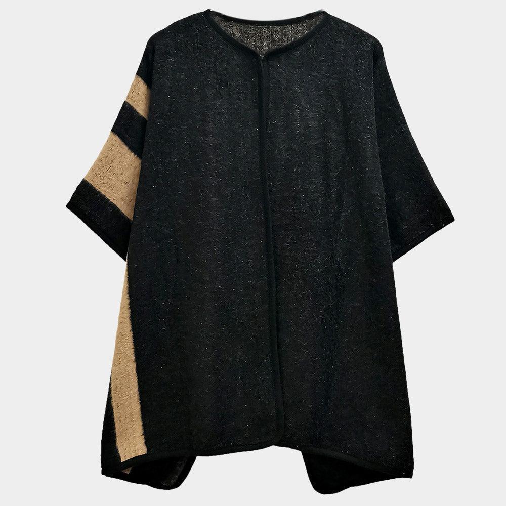 Black Striped Button Closure Cape Ruana Poncho - Jewelry Store by Erik Rayo