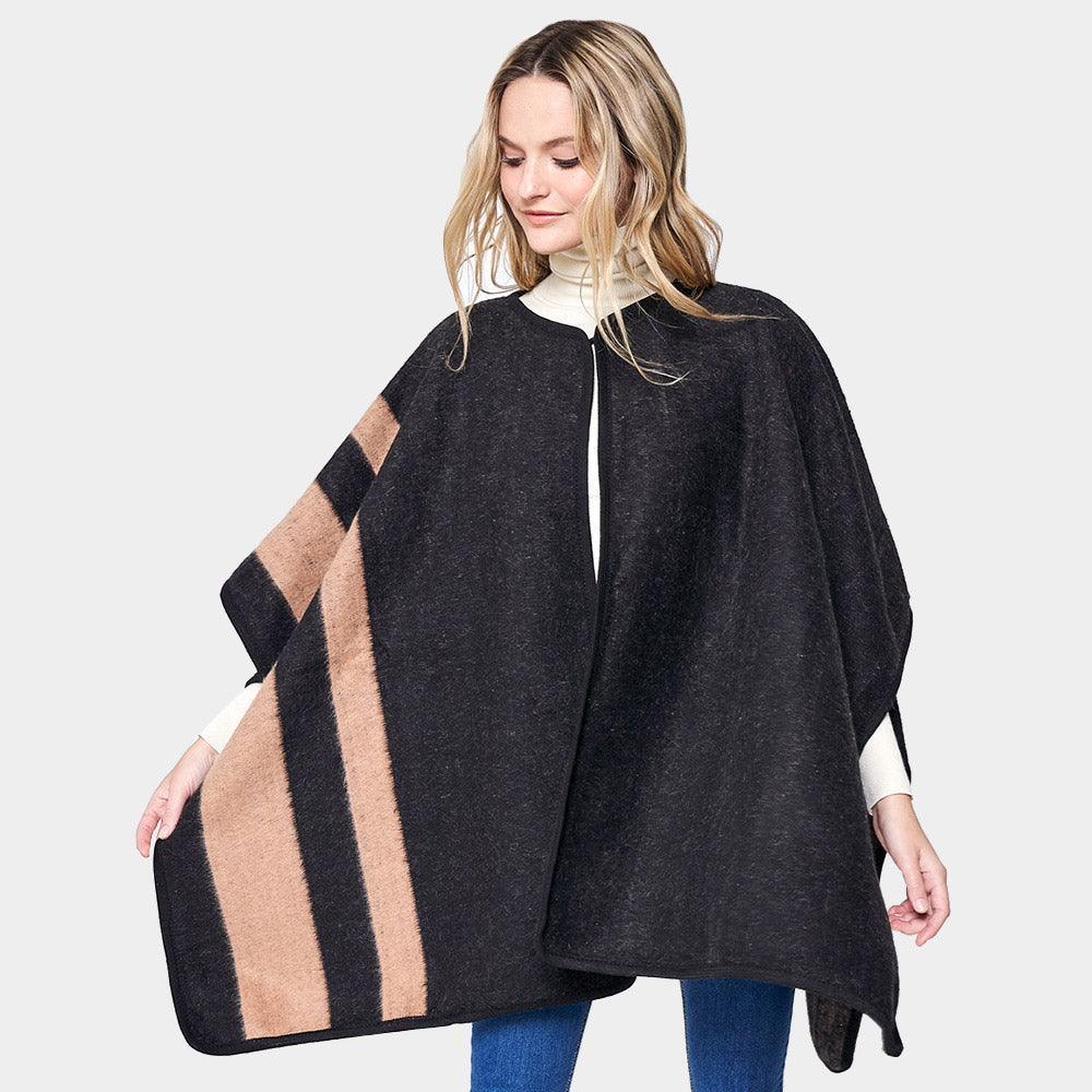 Black Striped Button Closure Cape Ruana Poncho - Jewelry Store by Erik Rayo