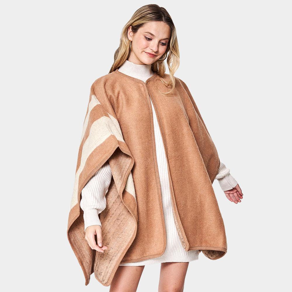 Camel Striped Button Closure Cape Ruana Poncho - Jewelry Store by Erik Rayo