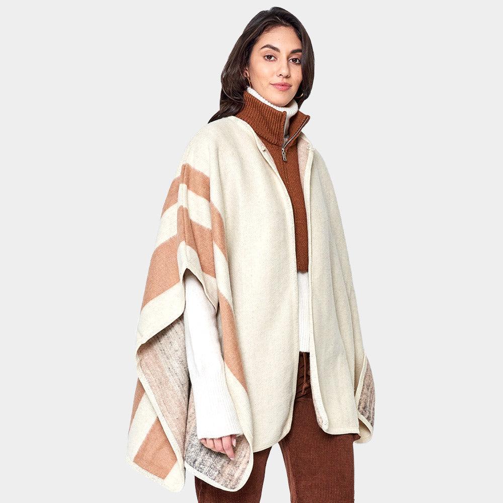 Ivory Striped Button Closure Cape Ruana Poncho - Jewelry Store by Erik Rayo
