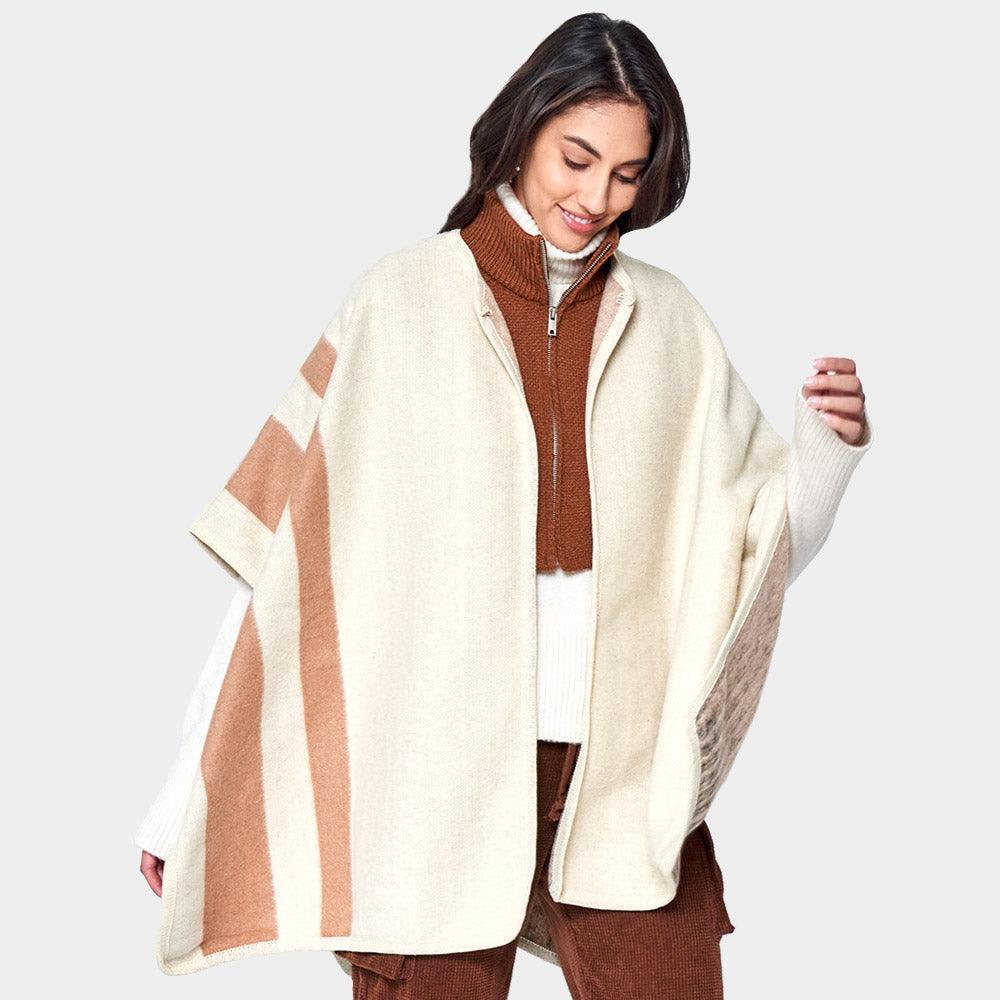 Ivory Striped Button Closure Cape Ruana Poncho - Jewelry Store by Erik Rayo