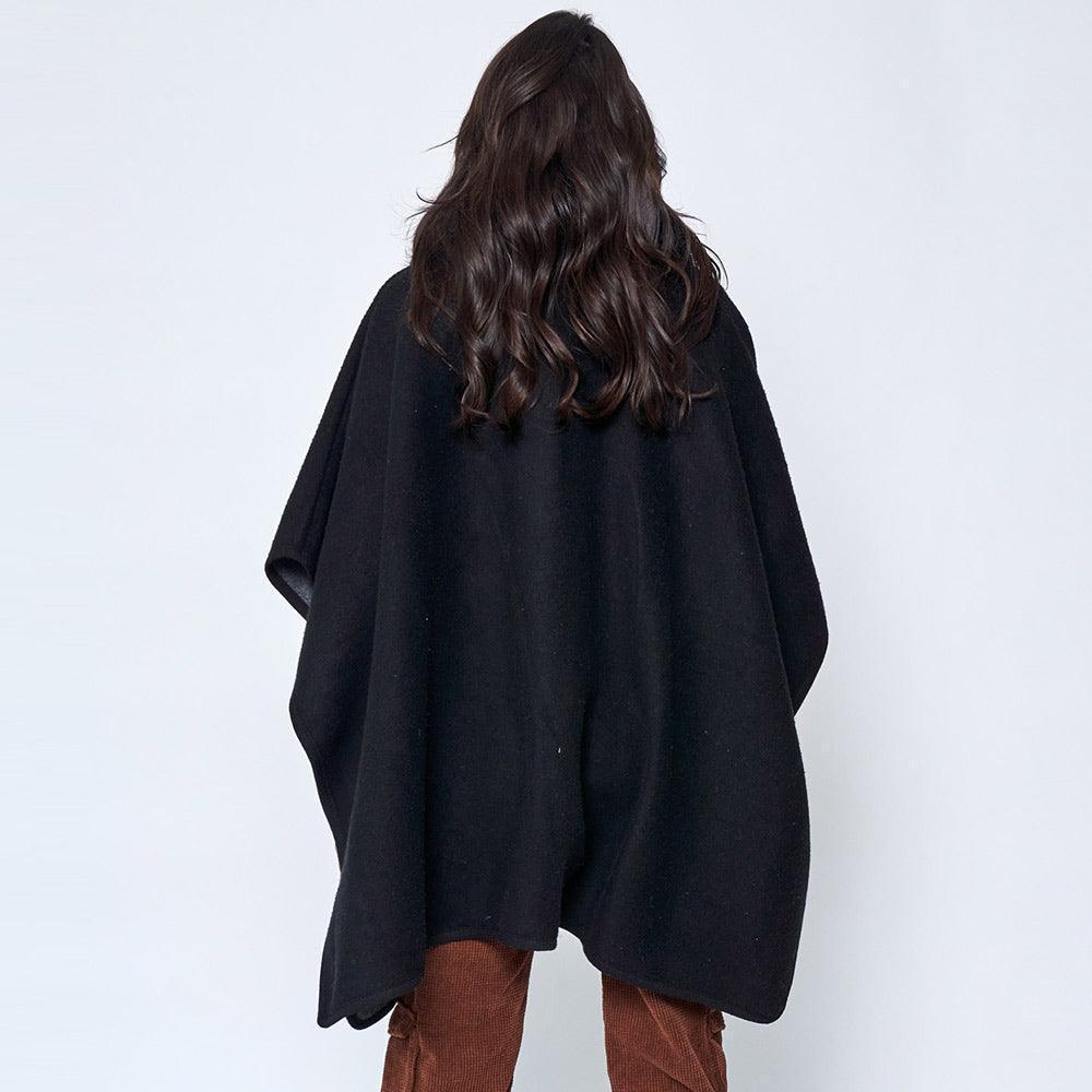 Black Faux Fur Trimmed Front Pockets Ruana Poncho - Jewelry Store by Erik Rayo