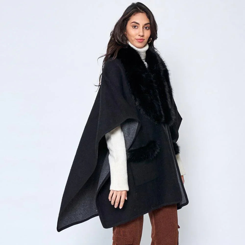 Black Faux Fur Trimmed Front Pockets Ruana Poncho - Jewelry Store by Erik Rayo
