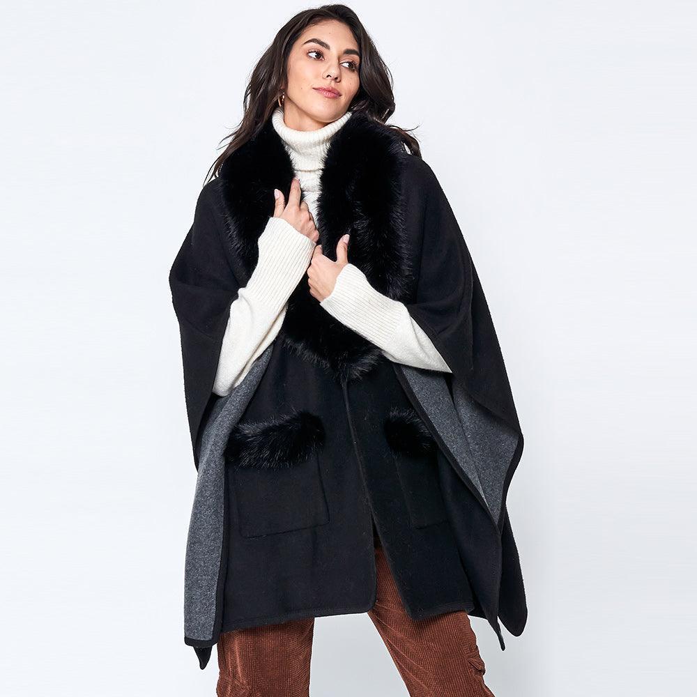 Black Faux Fur Trimmed Front Pockets Ruana Poncho - Jewelry Store by Erik Rayo