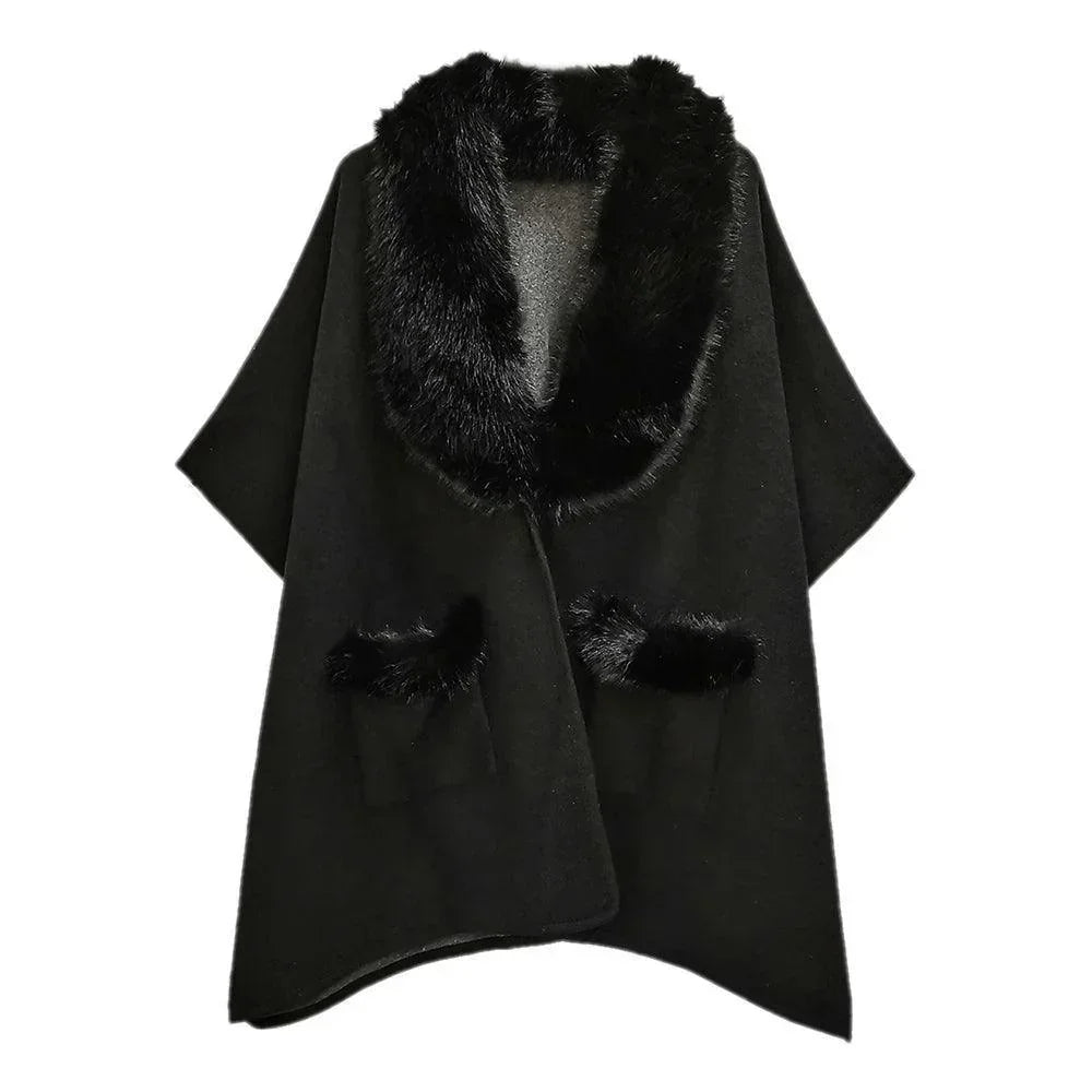 Black Faux Fur Trimmed Front Pockets Ruana Poncho - Jewelry Store by Erik Rayo