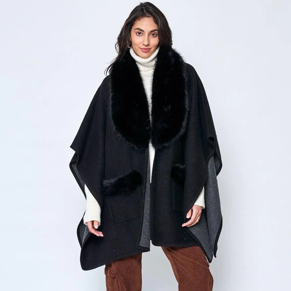 Black Faux Fur Trimmed Front Pockets Ruana Poncho - Jewelry Store by Erik Rayo