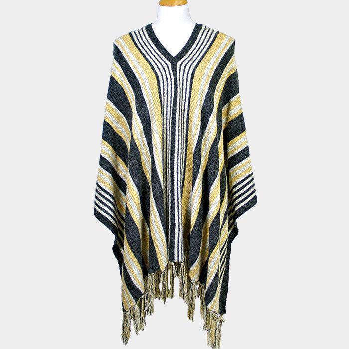 Black STRIPED FRINGE EDGE PONCHO SWEATER - Jewelry Store by Erik Rayo