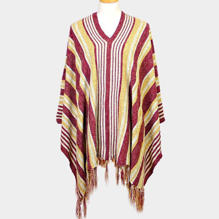 Burgundy STRIPED FRINGE EDGE PONCHO SWEATER - Jewelry Store by Erik Rayo