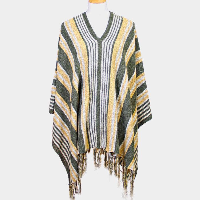 Green STRIPED FRINGE EDGE PONCHO SWEATER - Jewelry Store by Erik Rayo