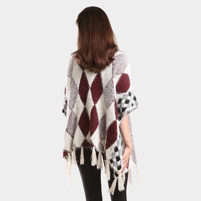 Burgundy Diamond Pattern Tassel Poncho - Jewelry Store by Erik Rayo