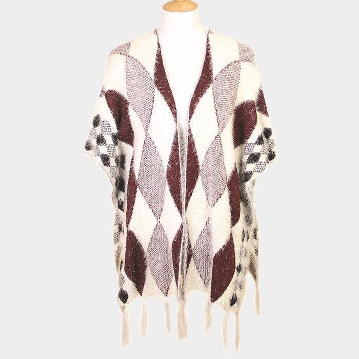 Burgundy Diamond Pattern Tassel Poncho - Jewelry Store by Erik Rayo