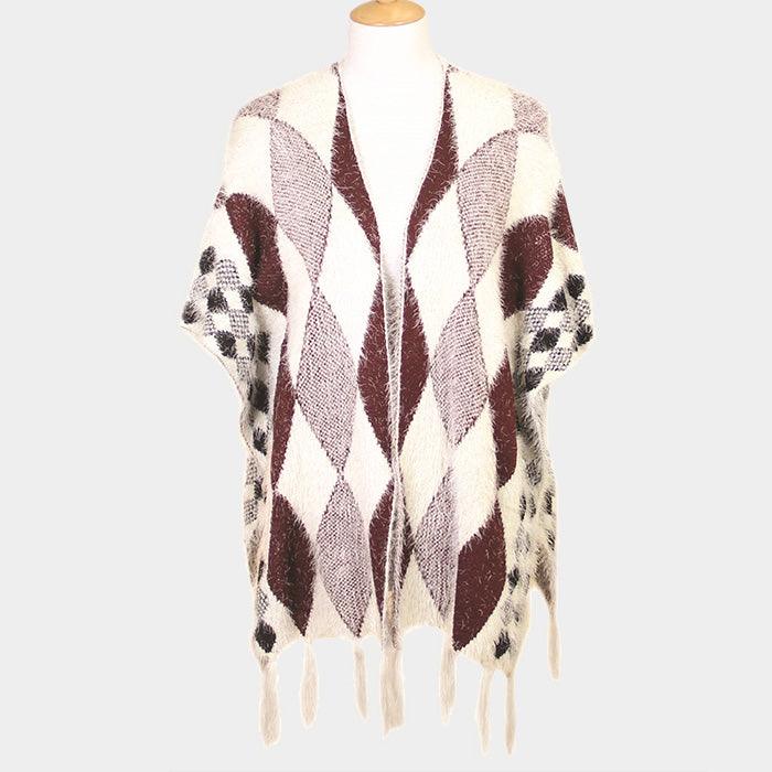 Burgundy Diamond Pattern Tassel Poncho