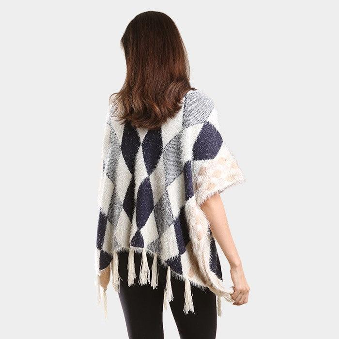 Navy Diamond Pattern Tassel Poncho - Jewelry Store by Erik Rayo