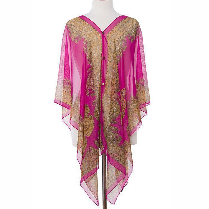 Fuchsia Button Detail Paisley Print V-neck Cape Poncho - Jewelry Store by Erik Rayo