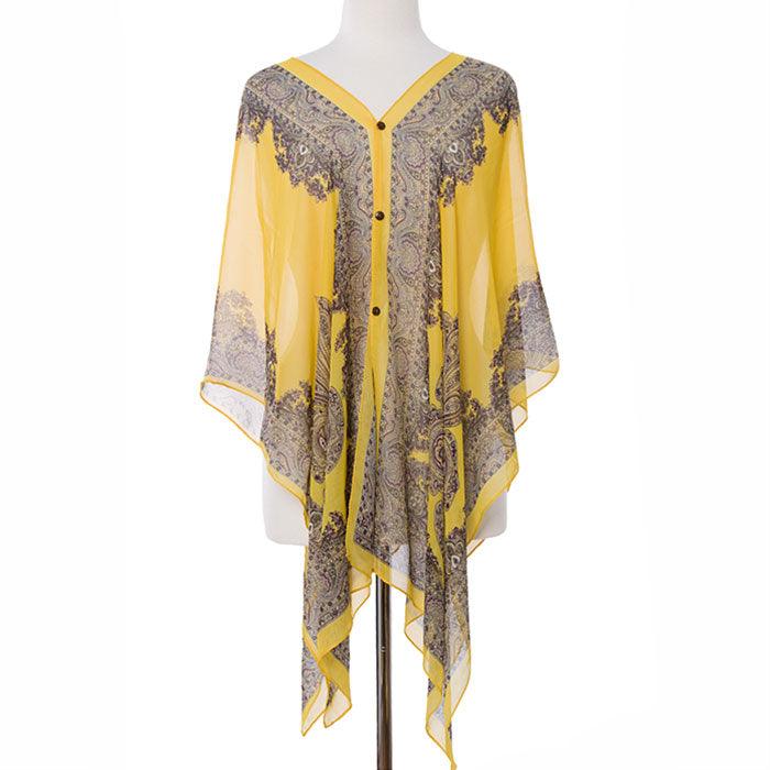 Gold Button Detail Paisley Print V-neck  Cape Poncho