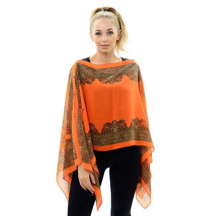 Orange Button Detail Paisley Print V-neck Cape Poncho - Jewelry Store by Erik Rayo
