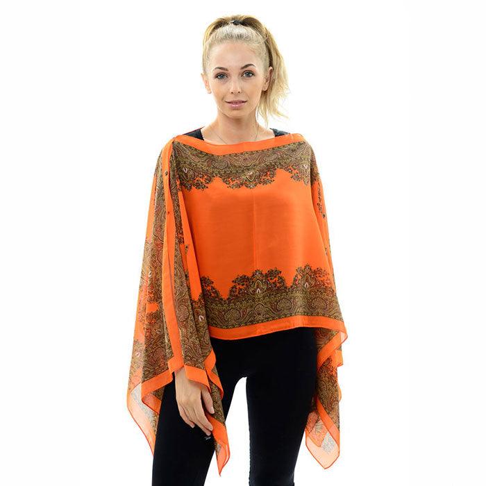 Orange Button Detail Paisley Print V-neck  Cape Poncho