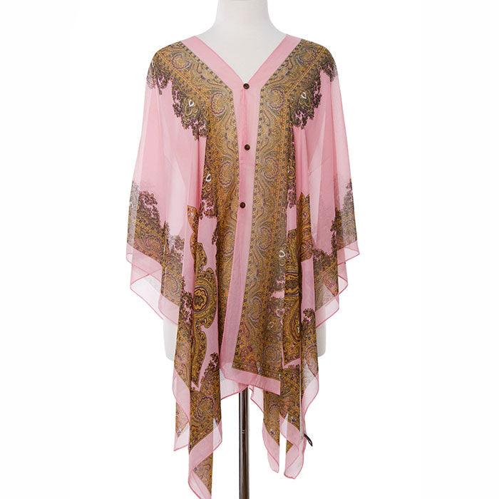 Pink Button Detail Paisley Print V-neck  Cape Poncho