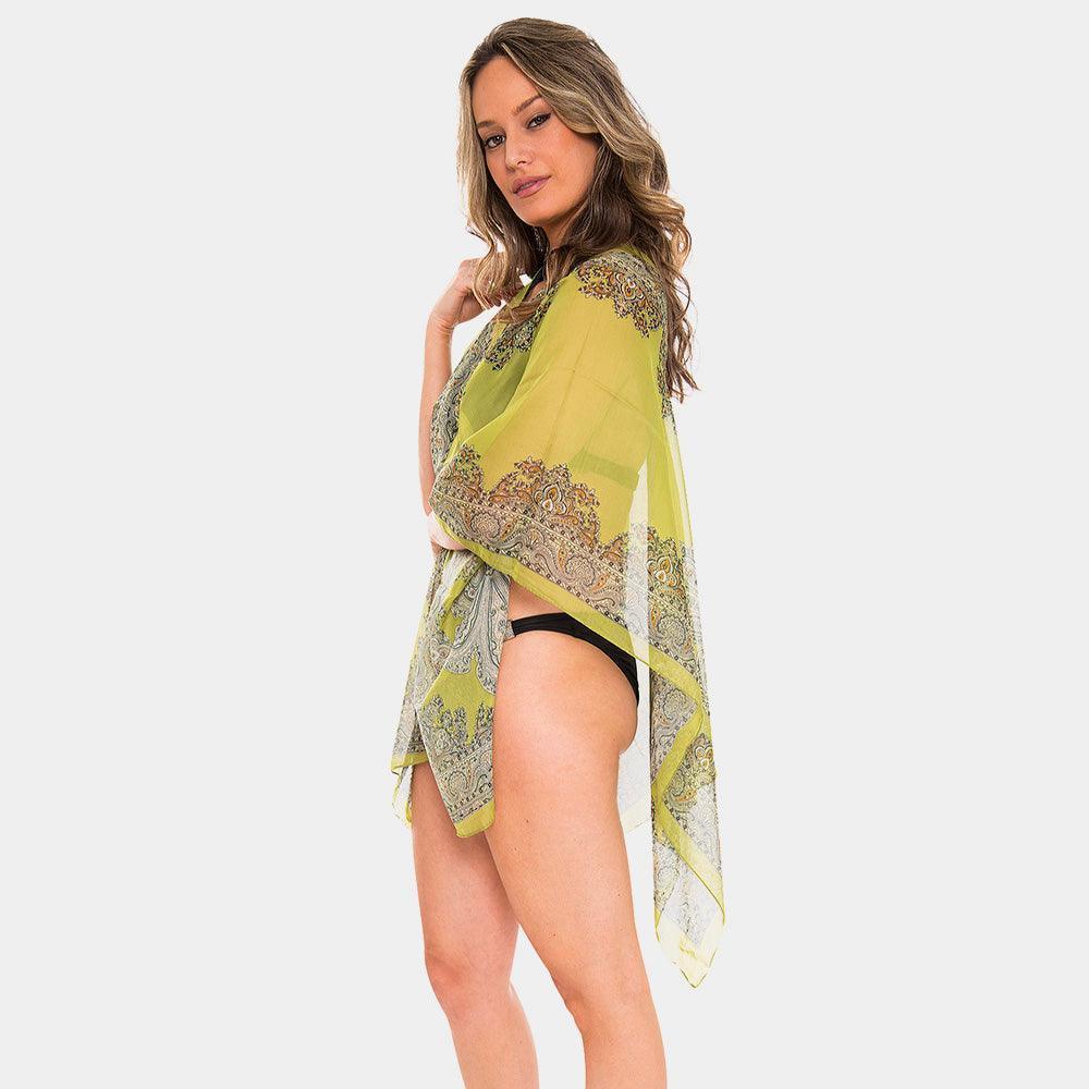 Green Button Detail Paisley Print V-neck Cape Poncho - Jewelry Store by Erik Rayo