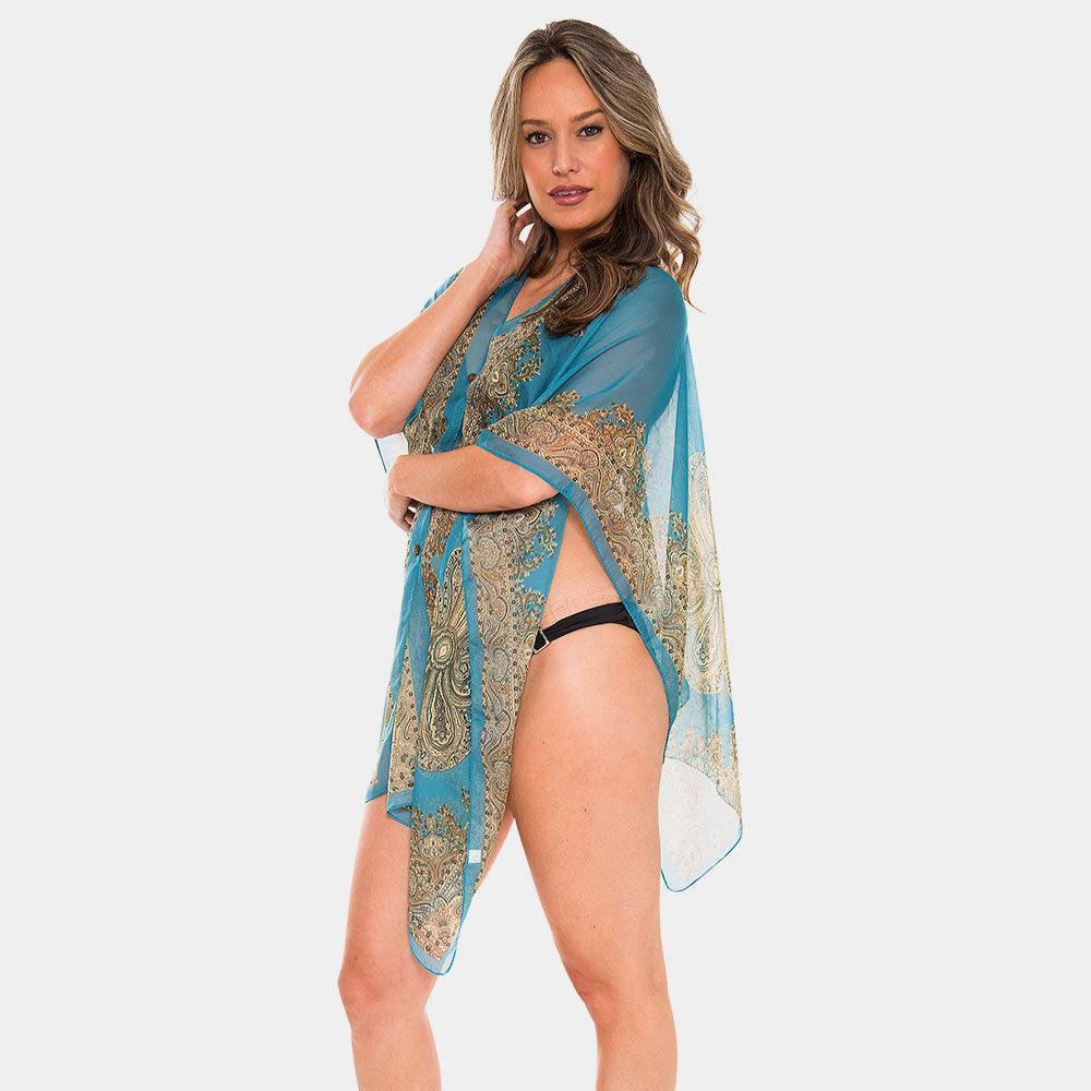 Teal Button Detail Paisley Print V-neck Cape Poncho - Jewelry Store by Erik Rayo