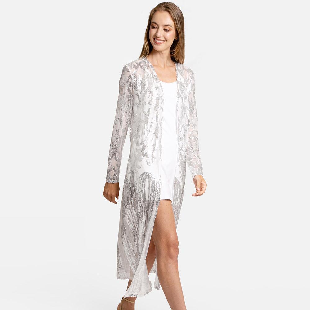 Silver Sequin Embellished Long Cover Up Poncho - Jewelry Store by Erik Rayo