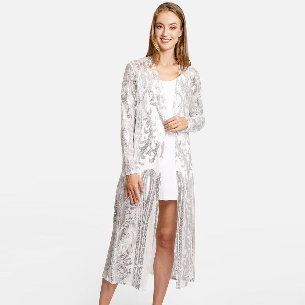 Silver Sequin Embellished Long Cover Up Poncho - Jewelry Store by Erik Rayo