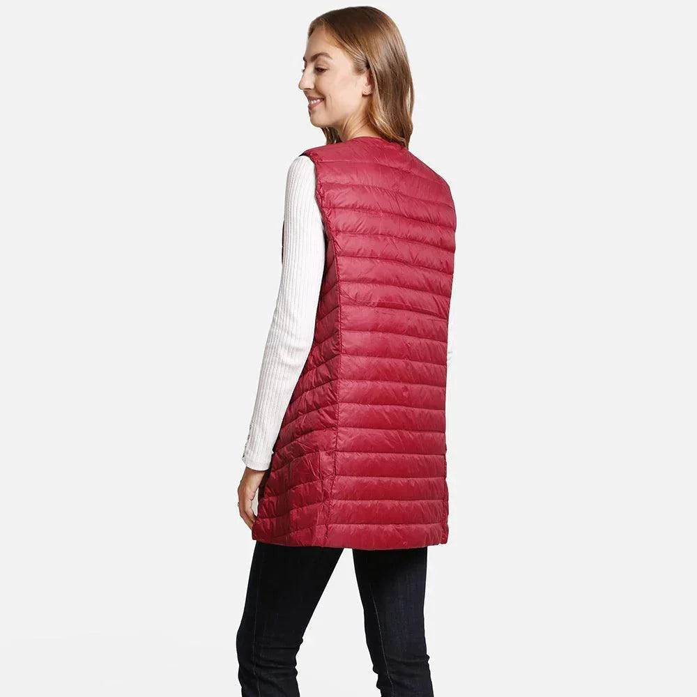 Burgundy Solid Front Pockets Light Long Puffer Button Vest - Jewelry Store by Erik Rayo