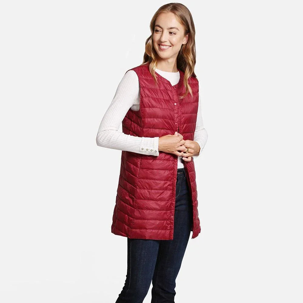 Burgundy Solid Front Pockets Light Long Puffer Button Vest - Jewelry Store by Erik Rayo