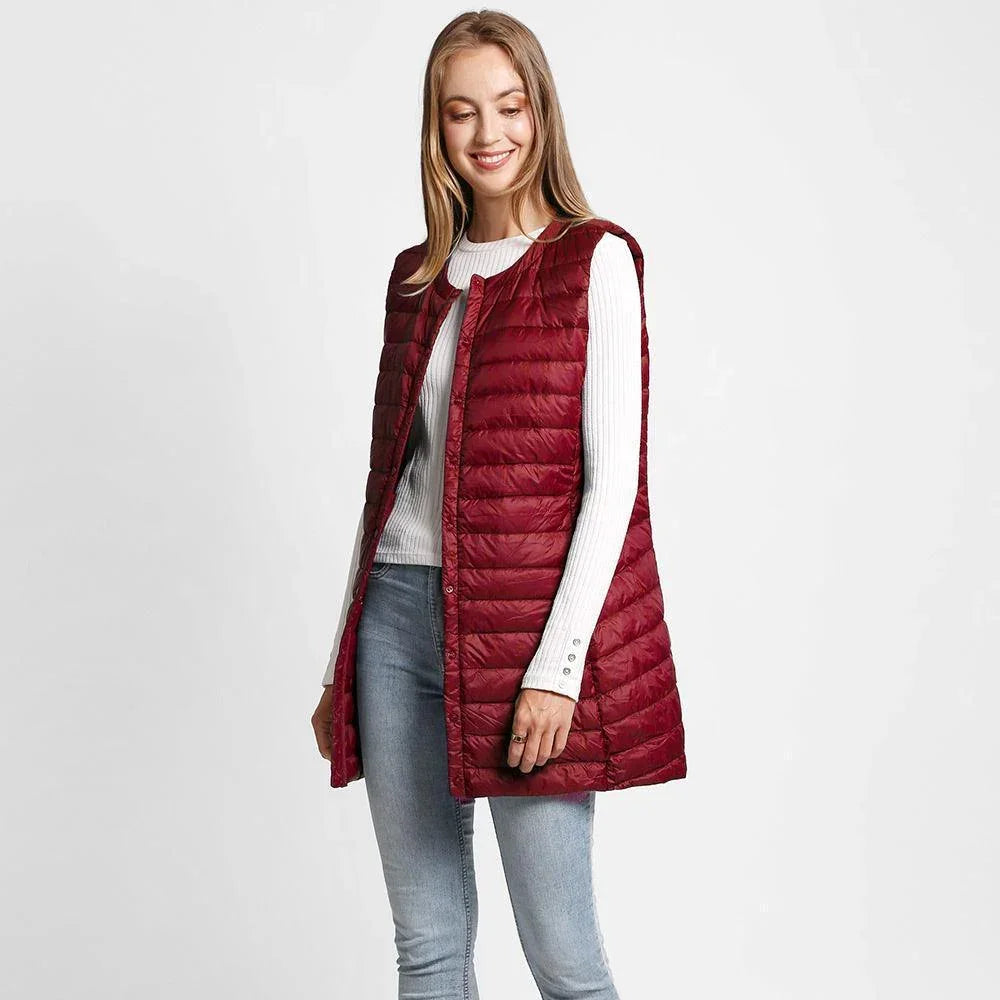 Burgundy Solid Front Pockets Light Long Puffer Button Vest - Jewelry Store by Erik Rayo