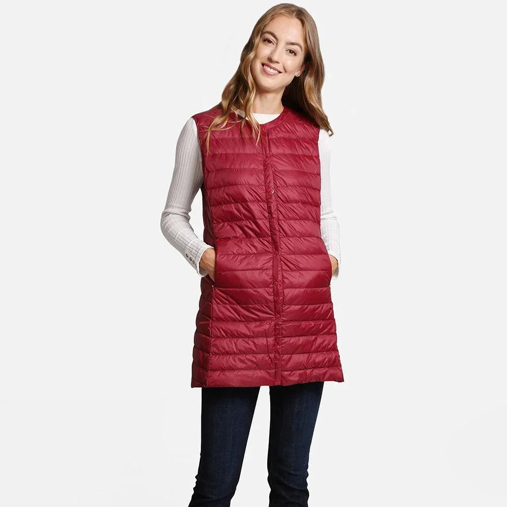Burgundy Solid Front Pockets Light Long Puffer Button Vest - Jewelry Store by Erik Rayo