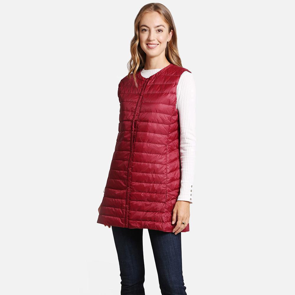 Burgundy Solid Front Pockets Light Long Puffer Button Vest - Jewelry Store by Erik Rayo