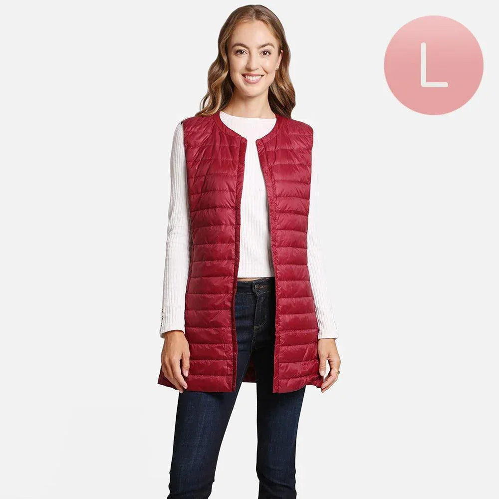 Burgundy Solid Front Pockets Light Long Puffer Button Vest - Jewelry Store by Erik Rayo