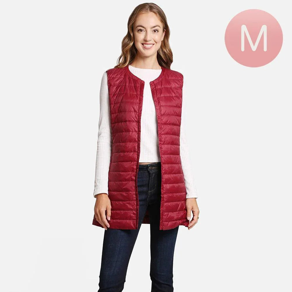 Burgundy Solid Front Pockets Light Long Puffer Button Vest - Jewelry Store by Erik Rayo