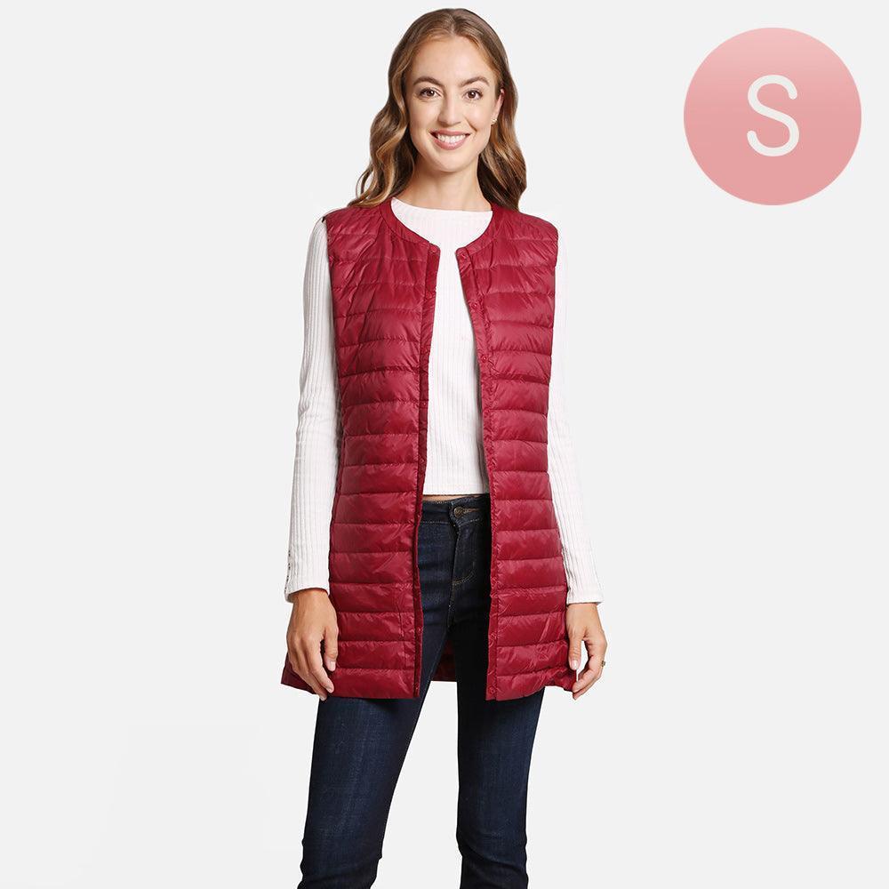 Burgundy Solid Light Long Puffer Front Pockets Button Vest - Jewelry Store by Erik Rayo